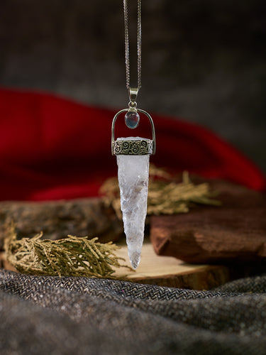 Kailash-Blessed Spiritual Energy Pendant - Clear Quartz Aquamarine Silver