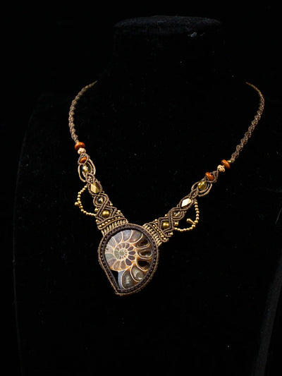 Ancient Spiral Ammonite Citrine Brass Macramé Necklace