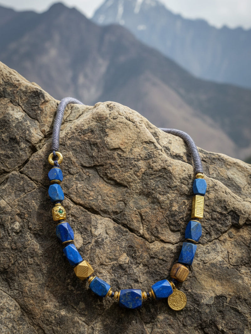 Sky Minerals Gold Accented Lapis Lazuli Barrel Bead Necklace