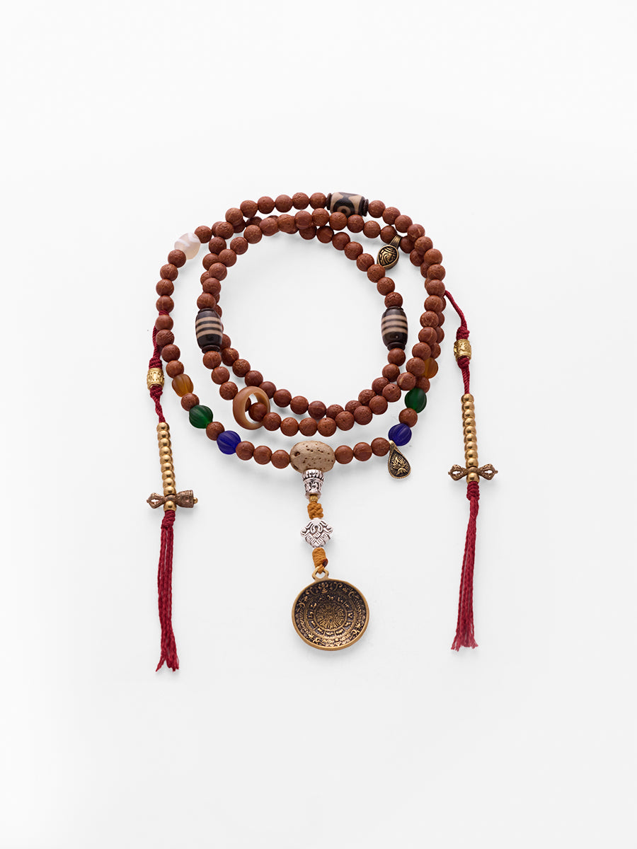 Sacred Blessing 108 Mala Necklace Handmade with Bodhi Beads, Agate, Dzi Beads & Brass