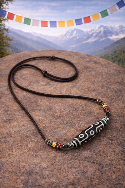 Sacred Nine-Eye Dzi Bead Cotton Cord Necklace