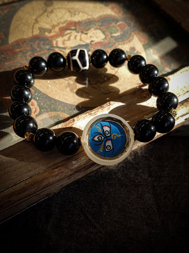 Tibetan Black Onyx Bracelet with Jambhala Buddha Eye & Turtle-Back Longevity Bead