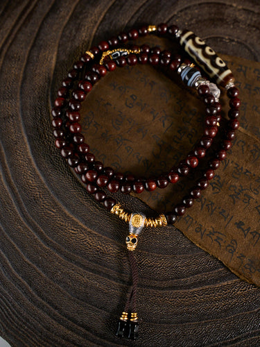 Five Directions of Fortune & Divine Protection – Five-Eyed Dzi Bead Rosewood 108 Mala Necklace