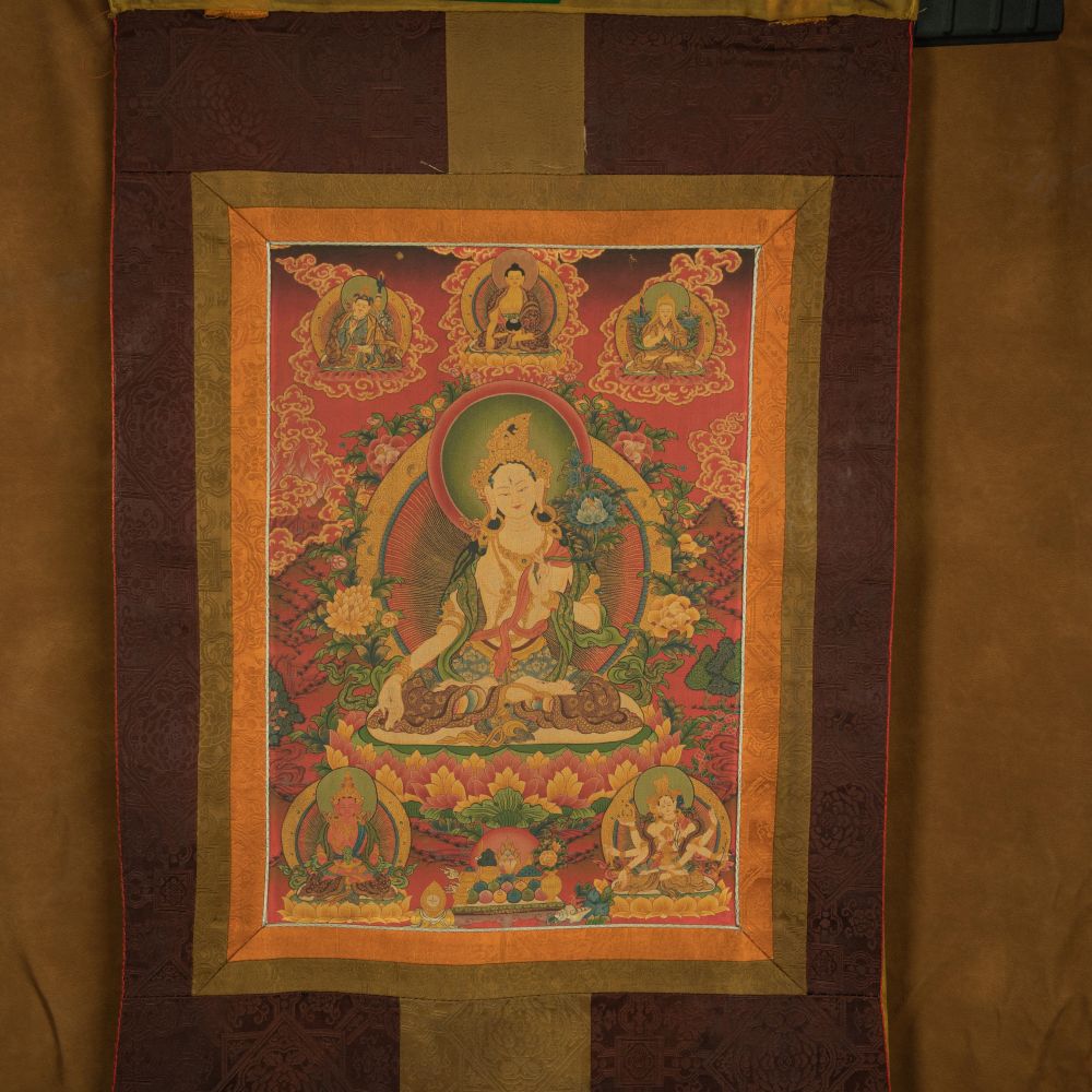 18th Century White Tara old thangka hand-painted Miantang School of Painting