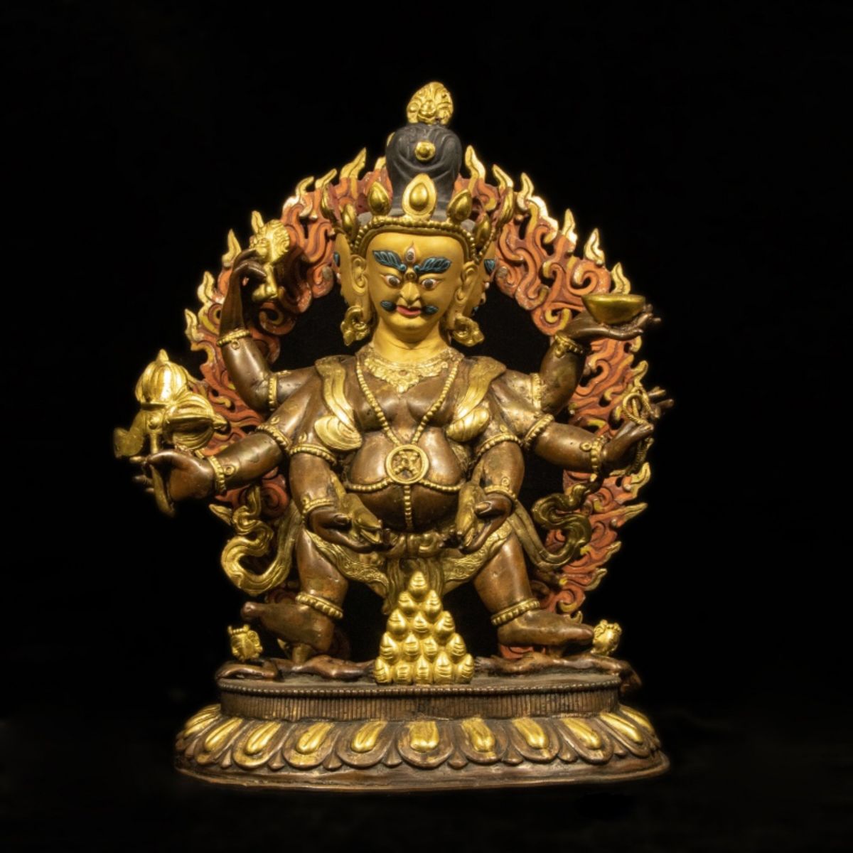 Qing Dynasty Tibetan Antique Statue Three-Faced Six-Armed Mahakala Gilded Dza Monastery