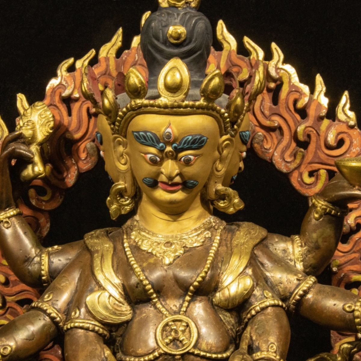 Qing Dynasty Tibetan Antique Statue Three-Faced Six-Armed Mahakala Gilded Dza Monastery