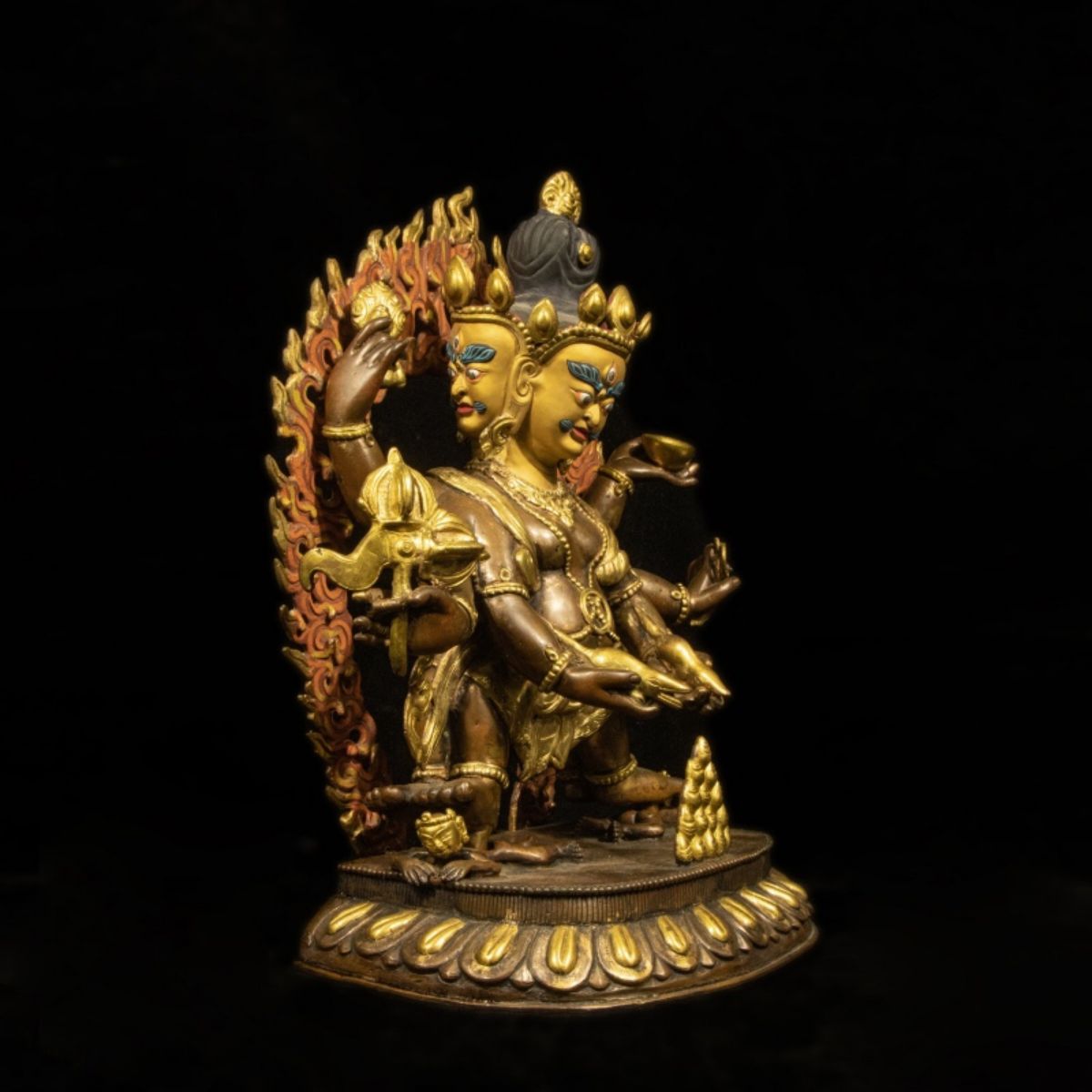 Qing Dynasty Tibetan Antique Statue Three-Faced Six-Armed Mahakala Gilded Dza Monastery