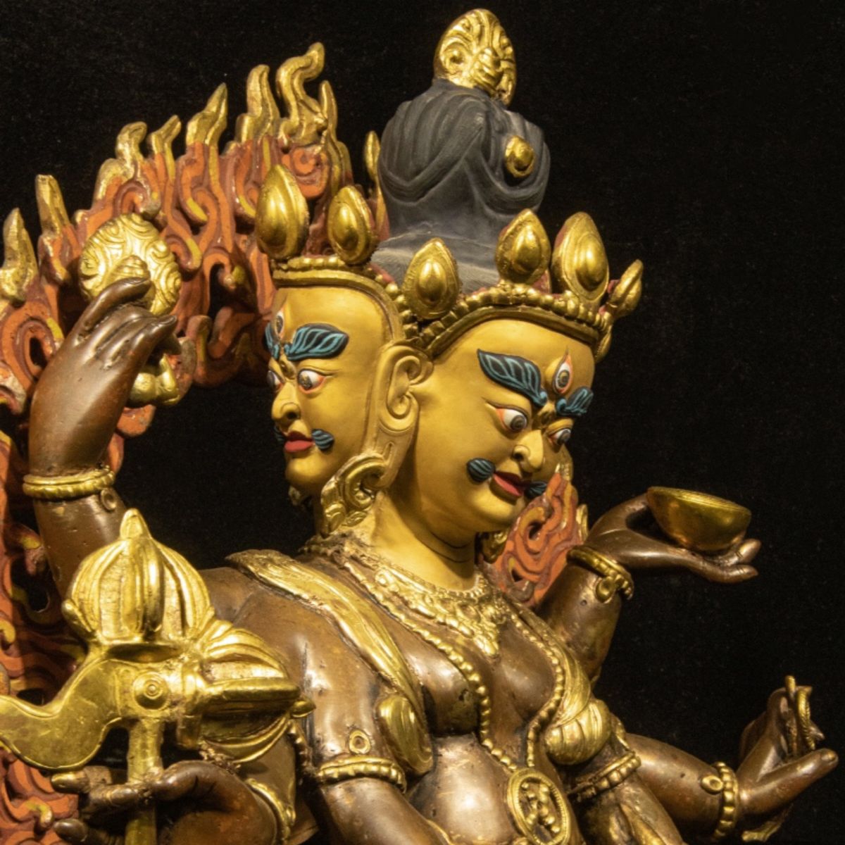 Qing Dynasty Tibetan Antique Statue Three-Faced Six-Armed Mahakala Gilded Dza Monastery