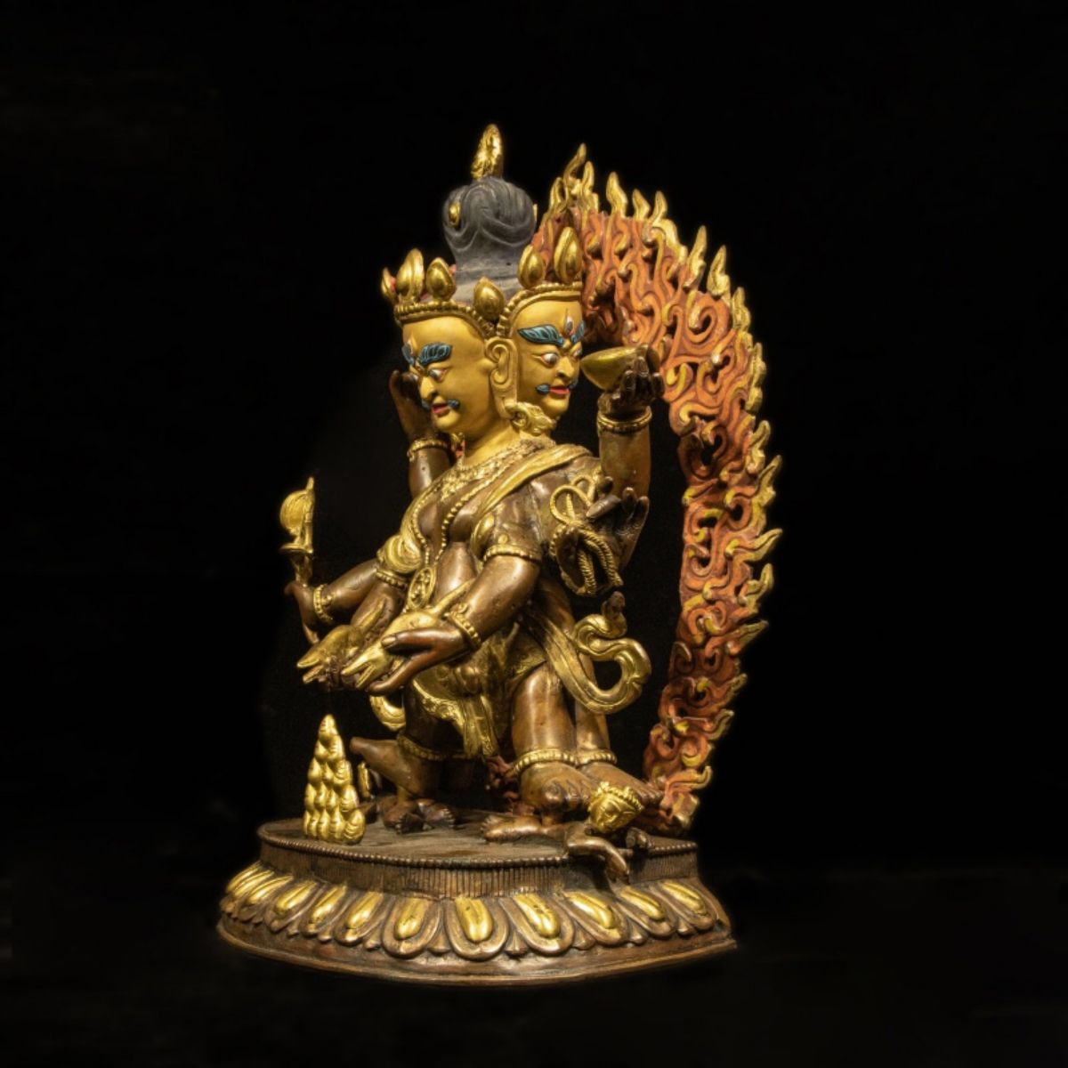 Qing Dynasty Tibetan Antique Statue Three-Faced Six-Armed Mahakala Gilded Dza Monastery