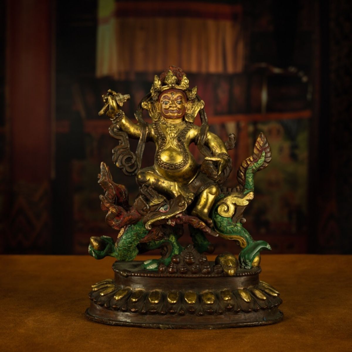 Qing Dynasty Tibetan Antique Statue White Jambhala Mineral Paint and Gilt Nepal