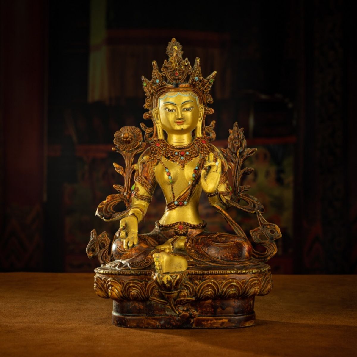 Qing Dynasty Tibetan Antique Green Tara Statue Gilded Clay from Potala Palace