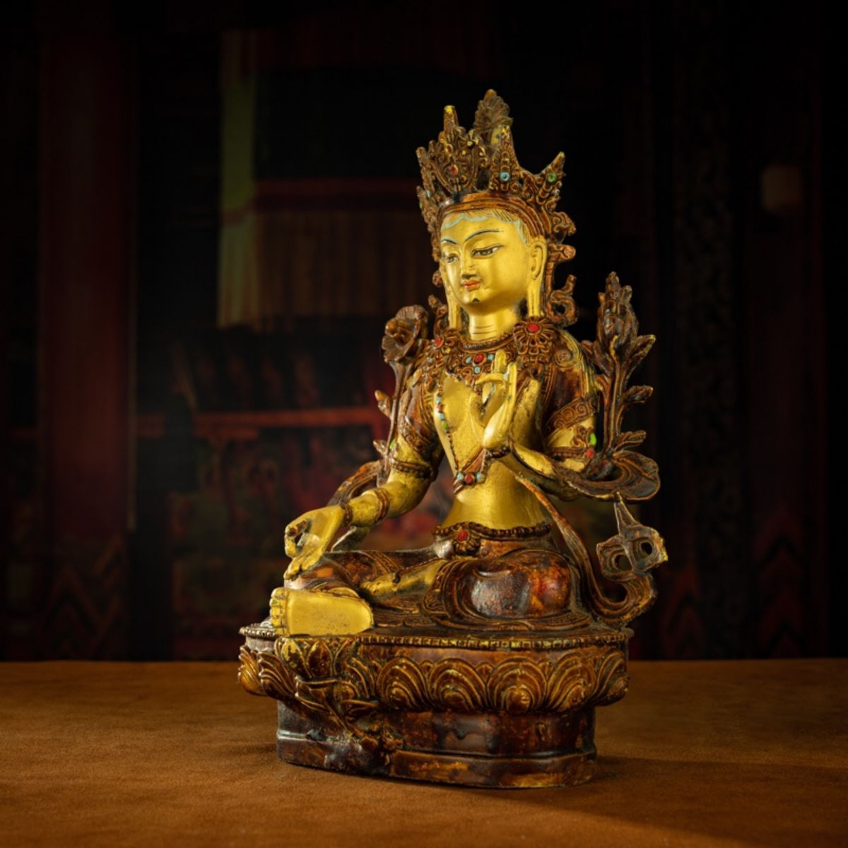 Qing Dynasty Tibetan Antique Green Tara Statue Gilded Clay from Potala Palace