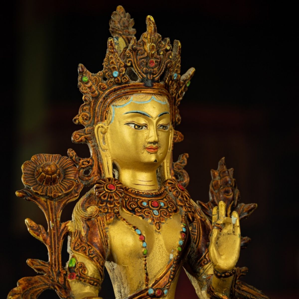 Qing Dynasty Tibetan Antique Green Tara Statue Gilded Clay from Potala Palace