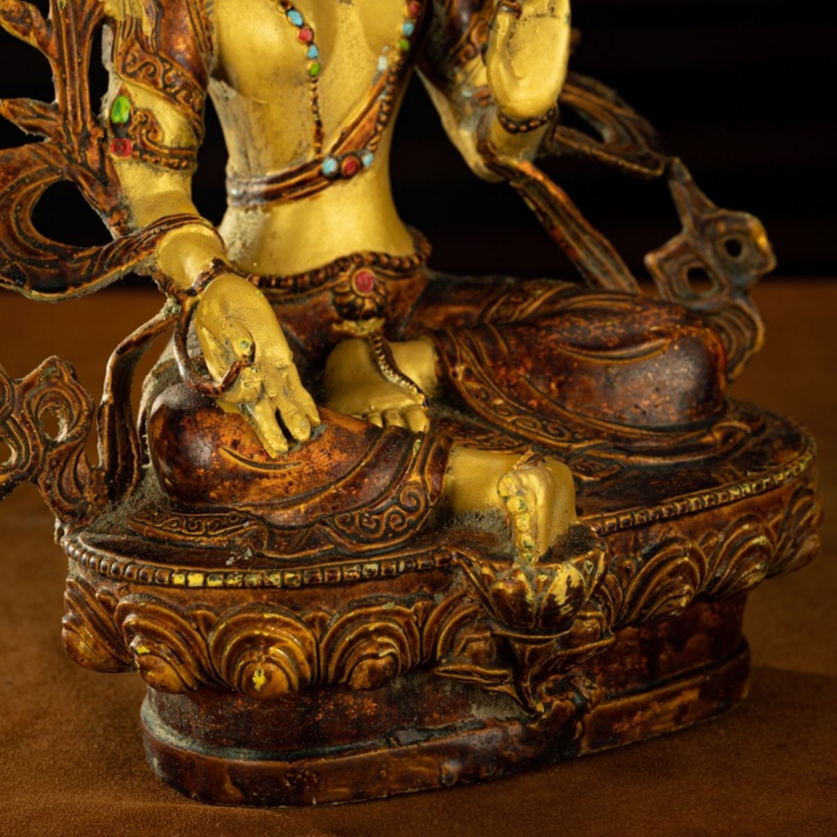 Qing Dynasty Tibetan Antique Green Tara Statue Gilded Clay from Potala Palace