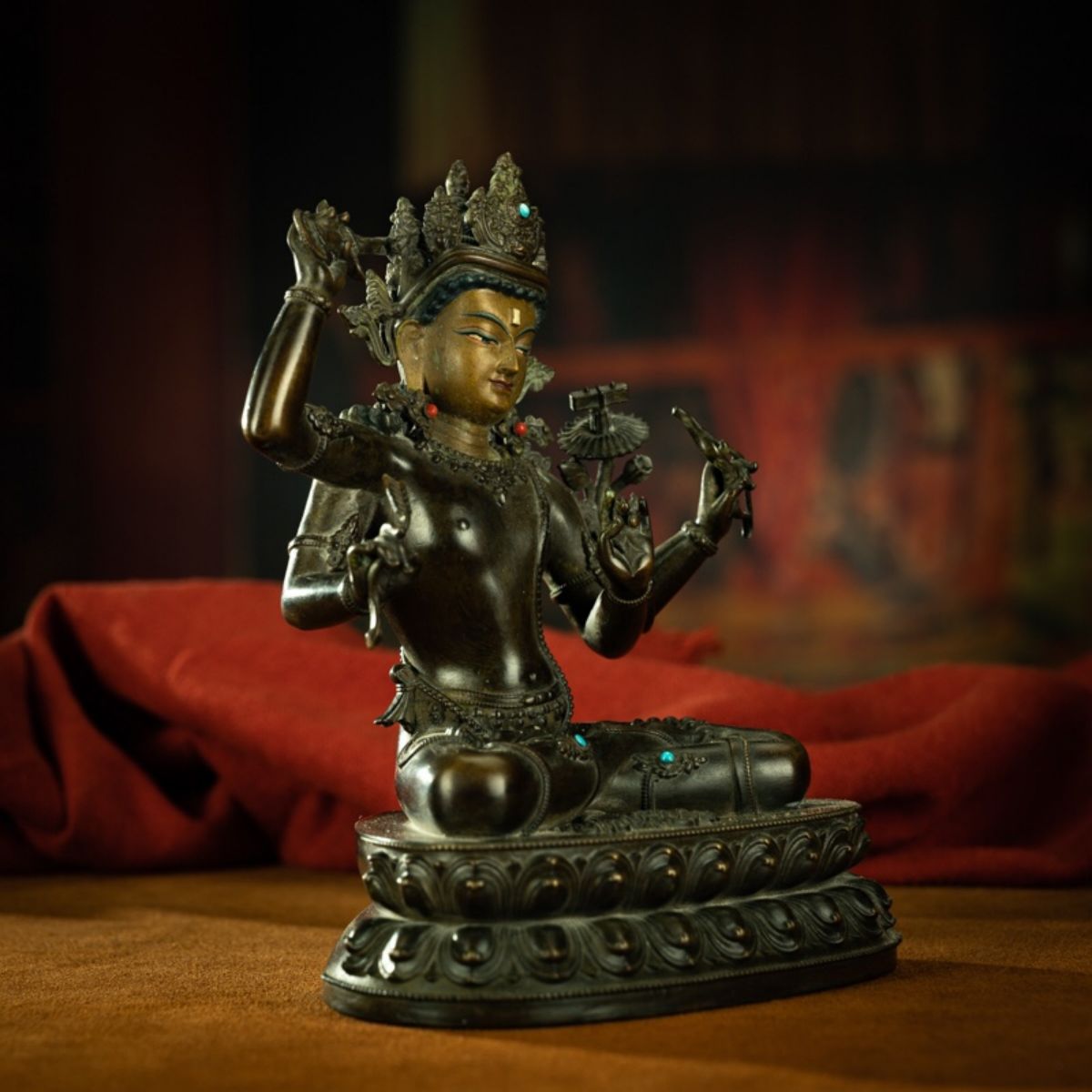 Qing Dynasty Tibetan Antique Statue Four-Armed Manjushri Copper Dza Monastery