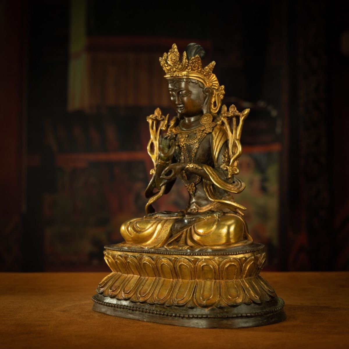 18th Century Tibetan Antique Statue Manjushri Giving Teachings Tibetan Gilt