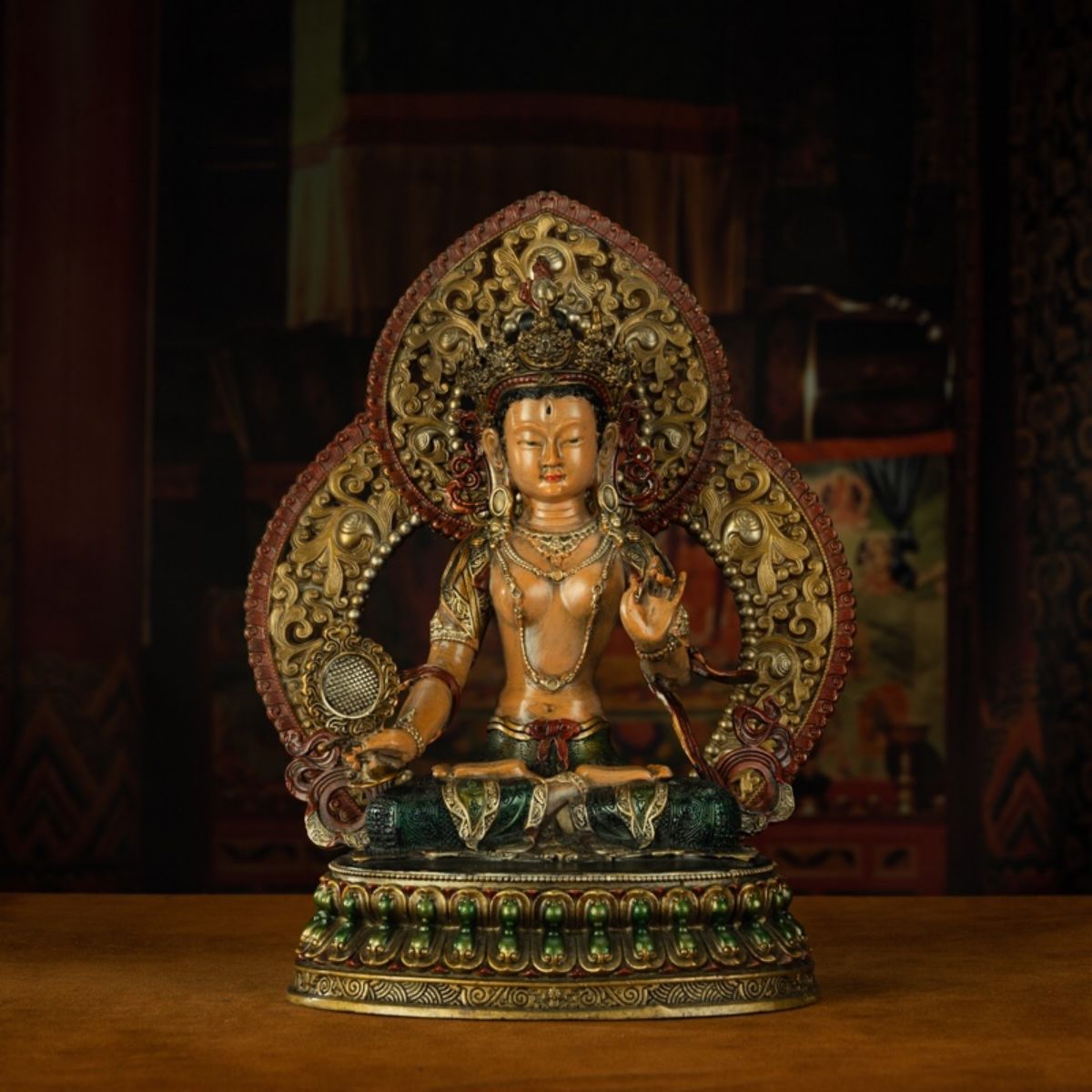 Qing Dynasty Tibetan Antique Statue Sitatapatra Original Mineral Paint Chamdo Qiangbalin Monastery