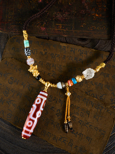 Fortune & Protection Nine-Eyed Cinnabar Dzi Bead Tibetan Necklace