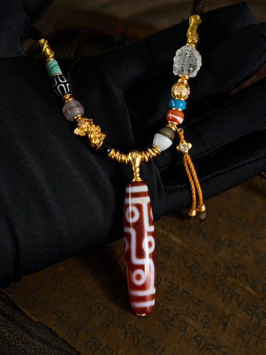 Fortune & Protection Nine-Eyed Cinnabar Dzi Bead Tibetan Necklace
