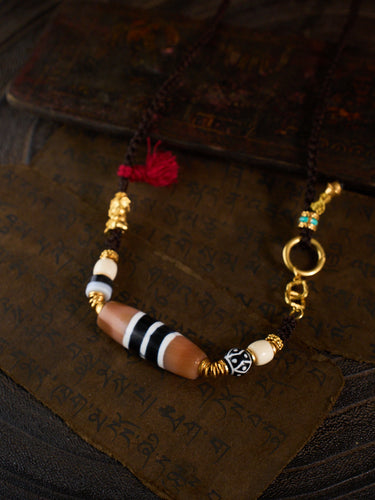 Five Pathways of Abundance & Supreme Fortune – Five-Line Dzi Bead Ganesha Handmade Necklace