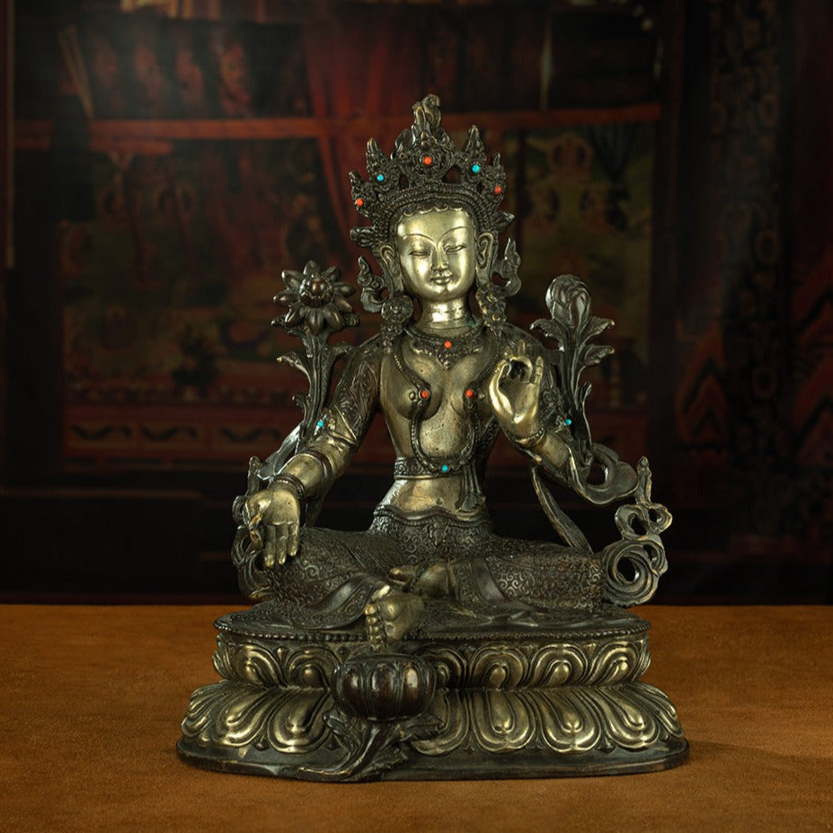 Qing Dynasty Green Tara Tibetan antique Buddha statue gilt silver inlaid with precious stones Zhuqing Temple Oriental Treasure