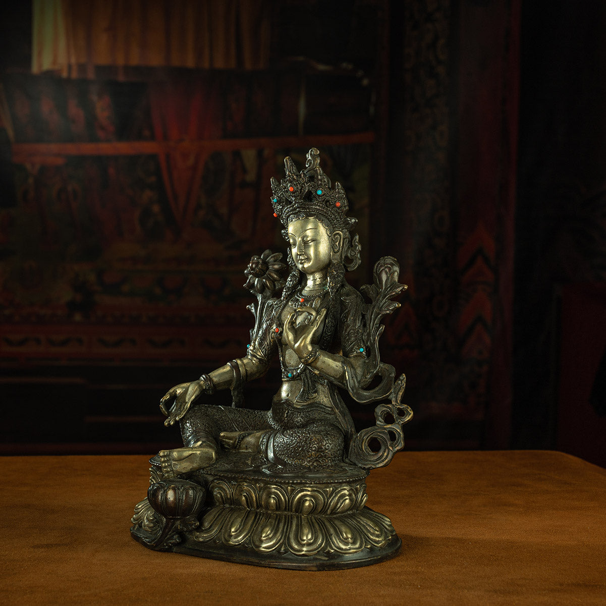 Qing Dynasty Green Tara Tibetan antique Buddha statue gilt silver inlaid with precious stones Zhuqing Temple Oriental Treasure