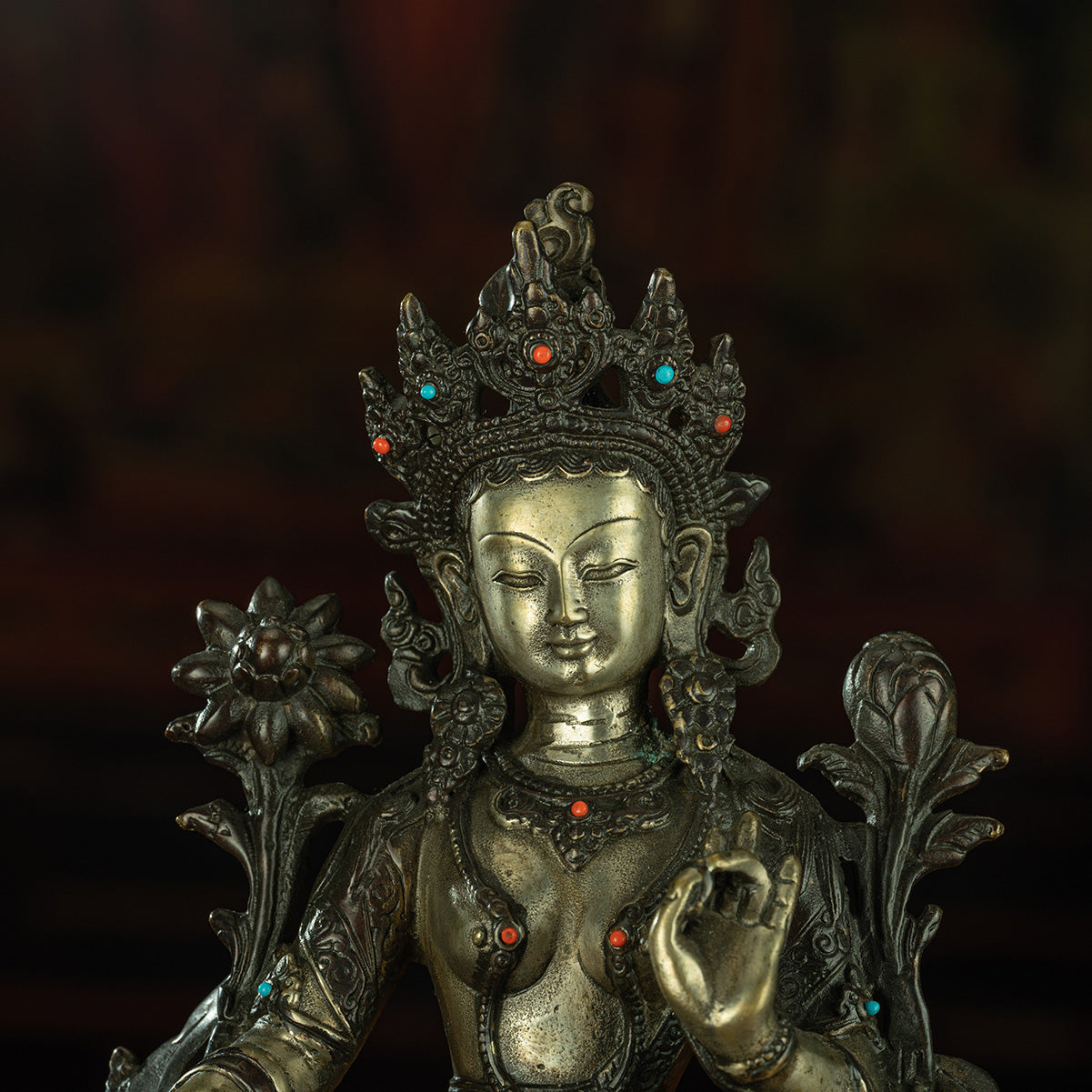 Qing Dynasty Green Tara Tibetan antique Buddha statue gilt silver inlaid with precious stones Zhuqing Temple Oriental Treasure