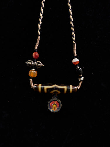 Yellow Jambhala Three-Eyed Dzi & Agate Thangka Necklace