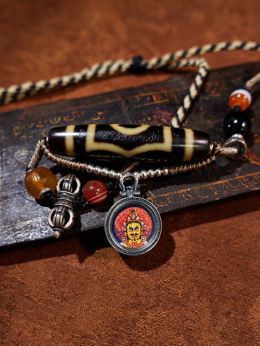 Yellow Jambhala Three-Eyed Dzi & Agate Thangka Necklace