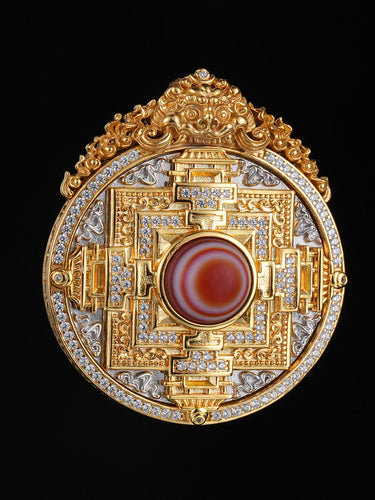 Mandala Red Agate Eye Pendant— Silver & Copper Version