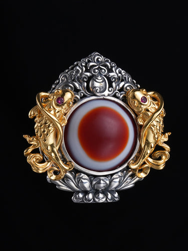Prosperity Harmony Twin Fish Agate Red Eye Silver Pendant Prayer Wheel