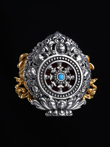 Prosperity Harmony Twin Fish Agate Red Eye Silver Pendant Prayer Wheel