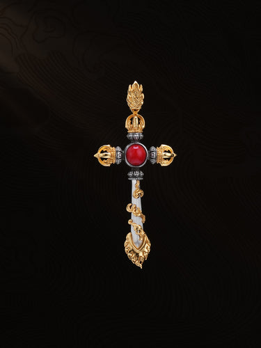 Vitality Courage Tibetan Red Coral Cross Vajra Protection Pendant