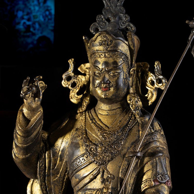 17th Century Padmasambhava Tibetan Antique Buddha Statue Gilt Old Copper From Ganden Monastery puretibetan