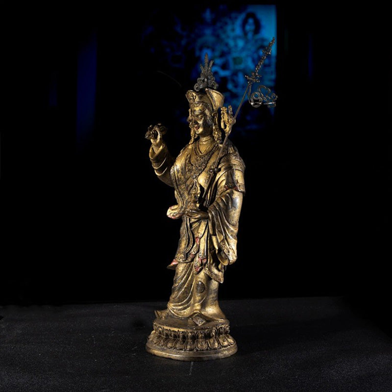 17th Century Padmasambhava Tibetan Antique Buddha Statue Gilt Old Copper From Ganden Monastery puretibetan