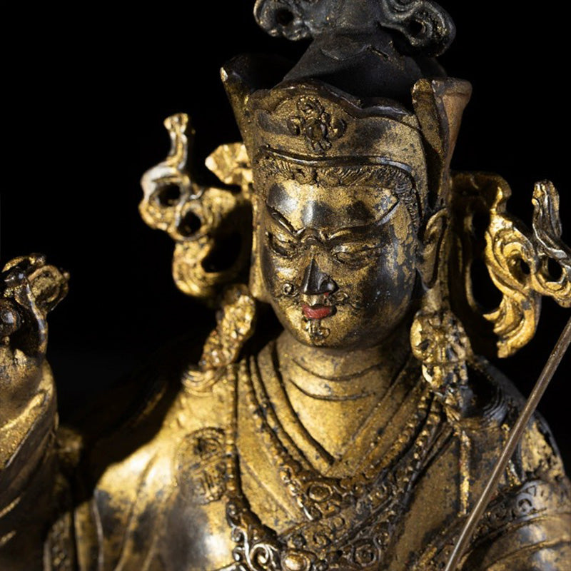 17th Century Padmasambhava Tibetan Antique Buddha Statue Gilt Old Copper From Ganden Monastery puretibetan