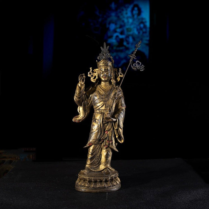 17th Century Padmasambhava Tibetan Antique Buddha Statue Gilt Old Copper From Ganden Monastery puretibetan