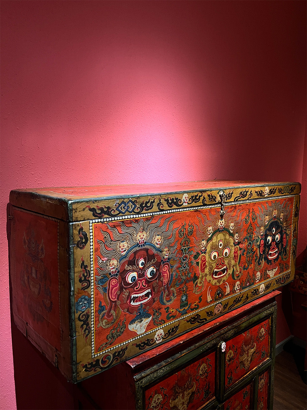 18th Century Colorful Three-Eyed Guardian Buddha Treasure Chest Tibetan Cabinet From Central Tibet puretibetan