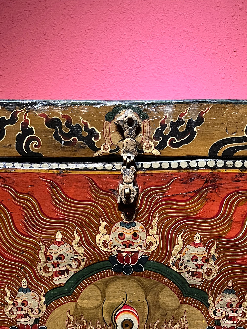 18th Century Colorful Three-Eyed Guardian Buddha Treasure Chest Tibetan Cabinet From Central Tibet puretibetan