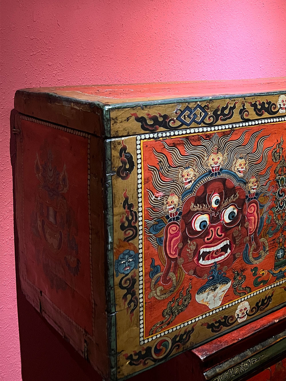 18th Century Colorful Three-Eyed Guardian Buddha Treasure Chest Tibetan Cabinet From Central Tibet puretibetan