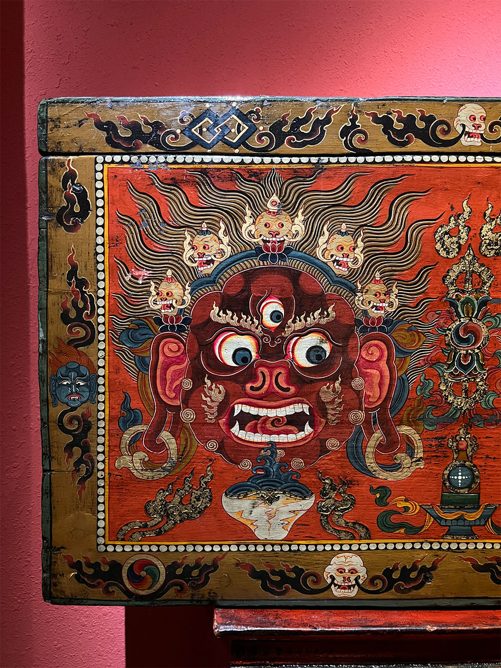 18th Century Colorful Three-Eyed Guardian Buddha Treasure Chest Tibetan Cabinet From Central Tibet puretibetan