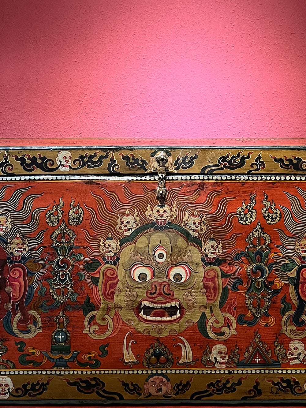 18th Century Colorful Three-Eyed Guardian Buddha Treasure Chest Tibetan Cabinet From Central Tibet puretibetan