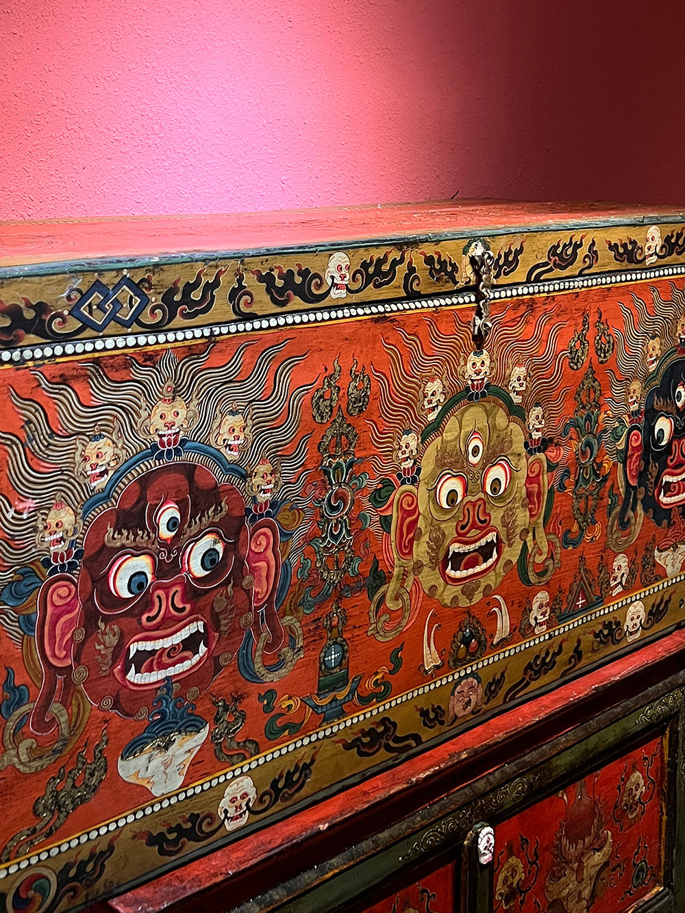 18th Century Colorful Three-Eyed Guardian Buddha Treasure Chest Tibetan Cabinet From Central Tibet puretibetan