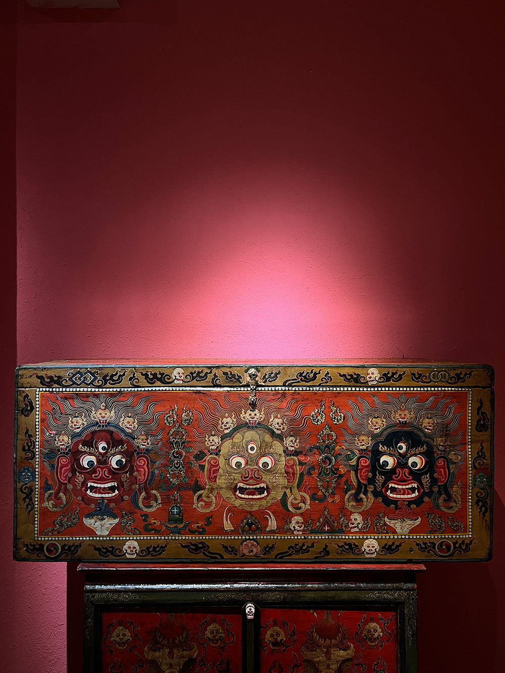 18th Century Colorful Three-Eyed Guardian Buddha Treasure Chest Tibetan Cabinet From Central Tibet puretibetan