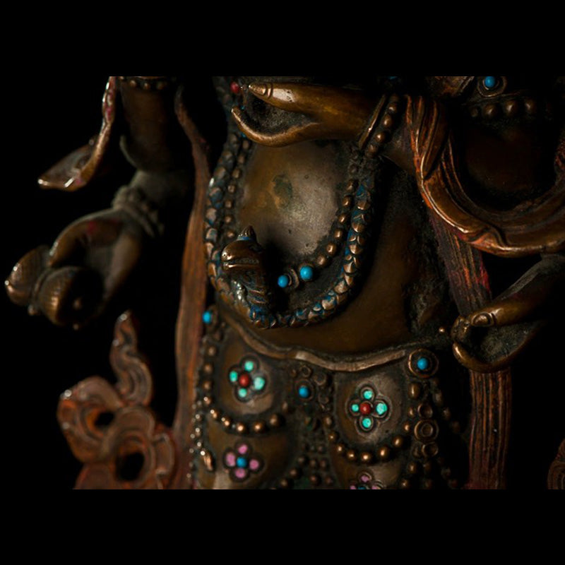 18th Century Six-armed Mahakala Tibetan Antique Buddha Statue Lima Copper Inlaid  With Gems From Shalu Monastery puretibetan