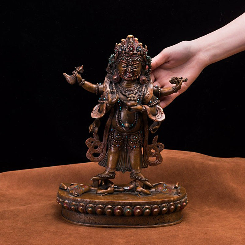 18th Century Six-armed Mahakala Tibetan Antique Buddha Statue Lima Copper Inlaid  With Gems From Shalu Monastery puretibetan