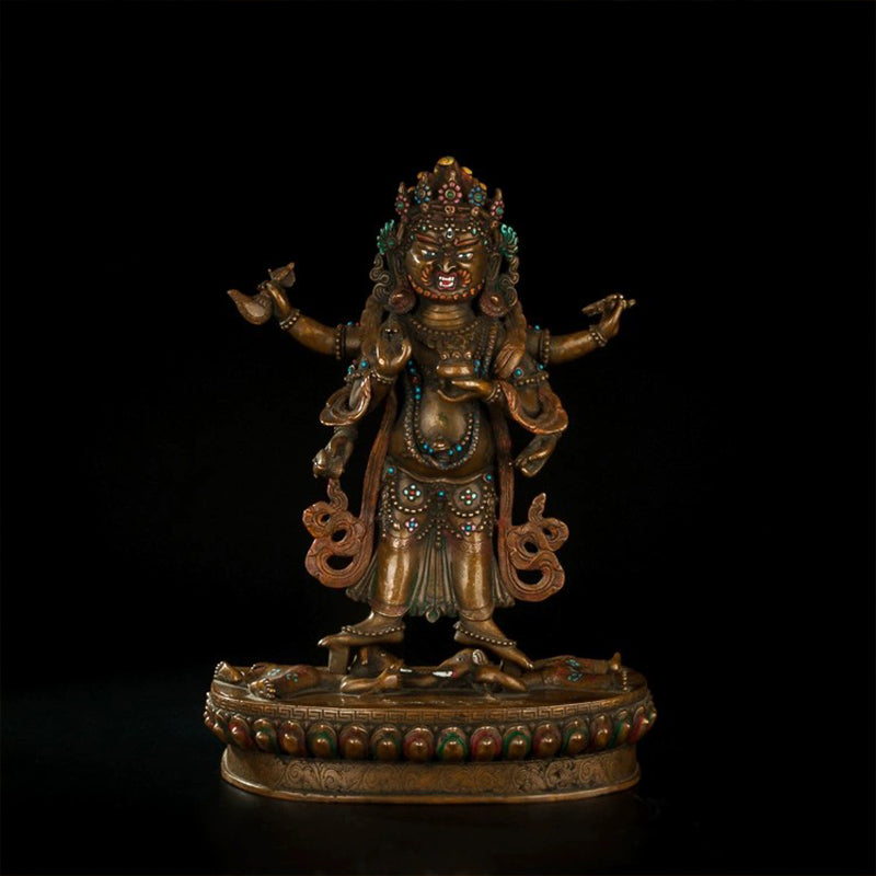 18th Century Six-armed Mahakala Tibetan Antique Buddha Statue Lima Copper Inlaid  With Gems From Shalu Monastery puretibetan