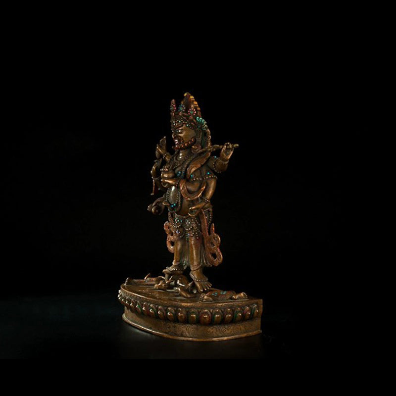 18th Century Six-armed Mahakala Tibetan Antique Buddha Statue Lima Copper Inlaid  With Gems From Shalu Monastery puretibetan