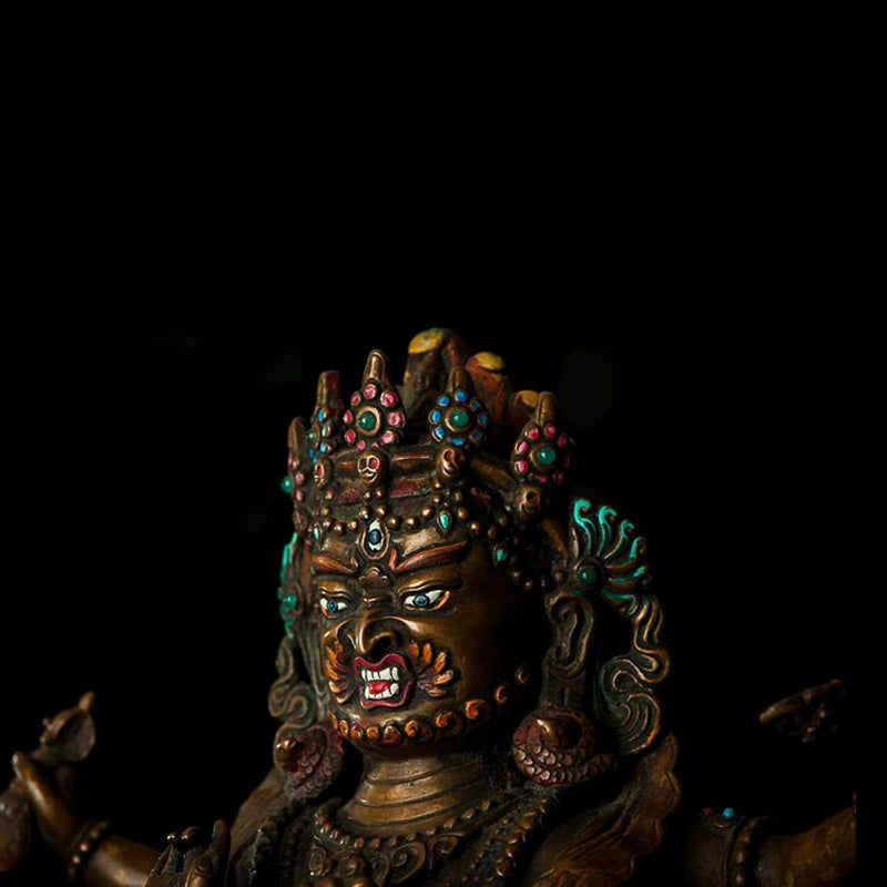 18th Century Six-armed Mahakala Tibetan Antique Buddha Statue Lima Copper Inlaid  With Gems From Shalu Monastery puretibetan