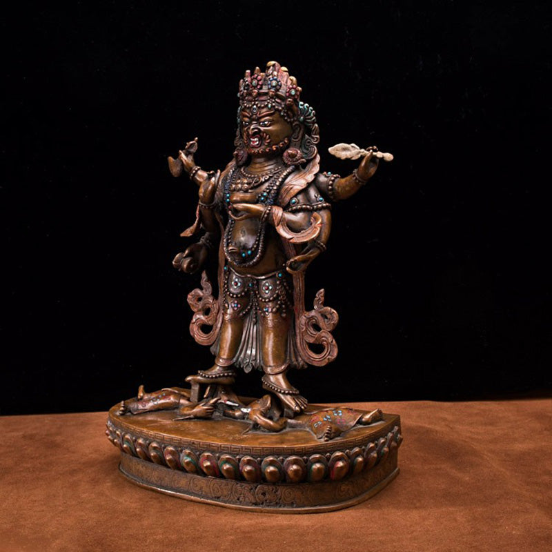 18th Century Six-armed Mahakala Tibetan Antique Buddha Statue Lima Copper Inlaid  With Gems From Shalu Monastery puretibetan